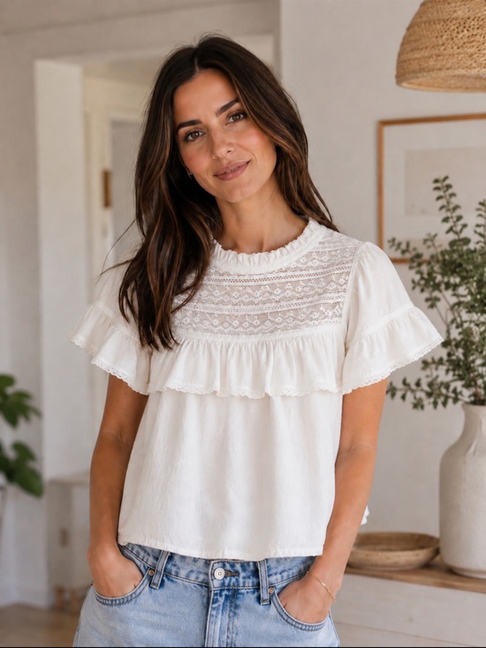 Unsubscribed Tops - Unsubscribed White Elelet Yoke Flutter Sleeve Top Blouse
